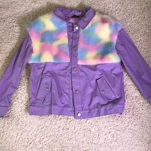 Lavender and rainbow fur kawaii denim jacket